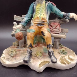 Vintage, Capodimonte, Tramp, Sitting on Bench, with Wine Bottle,