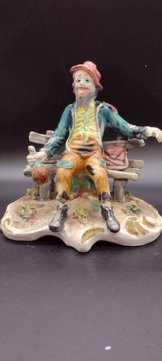 Vintage, Capodimonte, Tramp, Sitting on Bench, With Wine Bottle