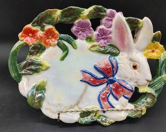 Vintage, Bunny, Rabbit, Easter, Plate, Florals, Bright Colours, High Gloss Glaze, Wall Hanging, Ceramic, Serving Dish, Cookie Plate, Rare