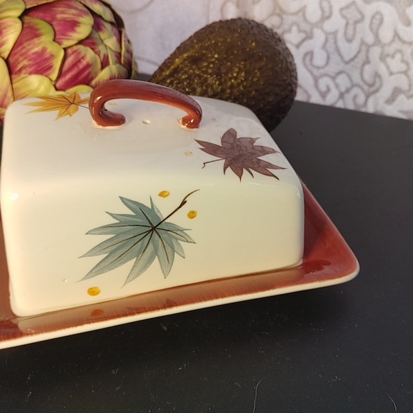 Vintage, Lefton, Japan, Lidded Butter Dish, Fall, Leaves, Autumn, Thanksgiving, Rare