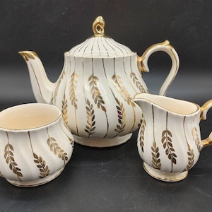 Vintage Sadler Tea Set, 4 Pieces, Hand Painted Gold Wheat Swirl on Ivory, Gold Trim, England 1940&#39;s