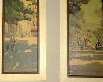 Vintage, Pair of, JE Warfield, Lithographs, Large, Statement Pieces, Hollywood Regency, Park Scenes, Rare, Singed
