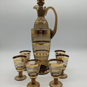 Vintage, boho, kristal, karafset, Tsjechisch, goud, bruin, boho, Hollywood Regency, douchecadeau, huwelijkscadeau, aperitief, shot, sterke drank