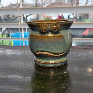Vintage, Signed, Studio Pottery, Egg Separator, Blue, Green, Brown, Glazed,  Quizzical Face