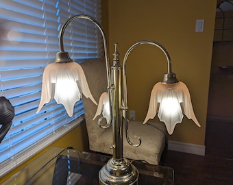 Vintage, 80s, Frosted Pink, Glass, Brass, Table Lamps, Tall, Statement Piece, Hollwood Regency, Miami Vice, Rare