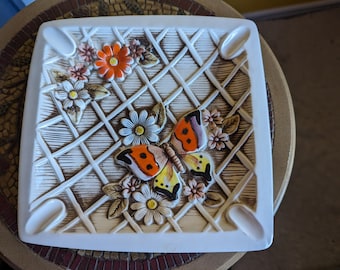 Vintage, Majolica Style, Floral, Butterfly, Ashtray, Catchall, Ring Dish, Rare, Made in Japan, Boho