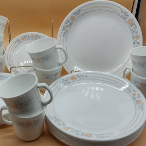Corelle, Corningware, Apricot Grove, 1990’s, Dinner Plate, Salad Plate, Vintage, Flower, Peach, Blue, Cups