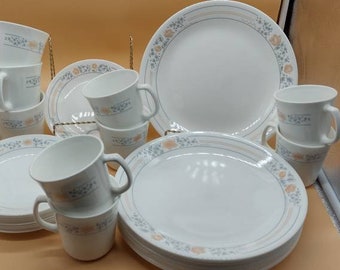 Corelle, Corningware, Apricot Grove, 1990’s, Dinner Plate, Salad Plate, Vintage, Flower, Peach, Blue, Cups