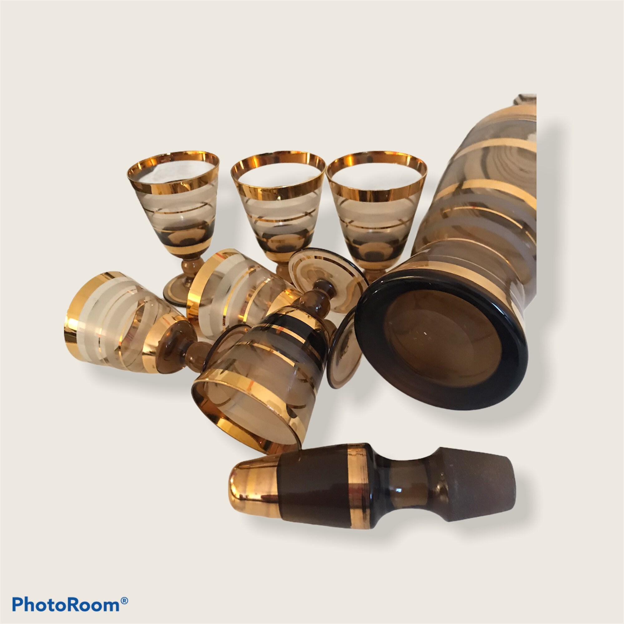 Barware, Bohemian, Czechoslovakia, Decanter 6 Glasses, Classic Crystal