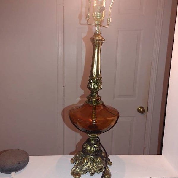 Amber Glass, Globe, Table Lamp, Vintage, Amber Glass Lamp, Ornate Brass, Home Decor, Lighting, Statement, Hollywood Regency, Rare