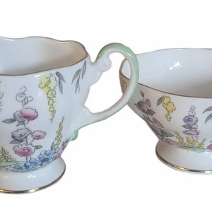 1850 EB Foley Bone China Hollyhocks flowers dainty sugar bowl and creamer set anniversary bridal shower tea party floral