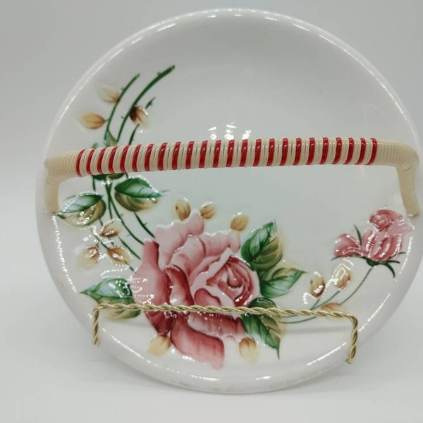vintage, Lefton, ESD, Made in JAPAN, Regal Rose, peint à la main, assiette en porcelaine, porte-gâteau, poignée supérieure, plateau à biscuits, 6963, rare