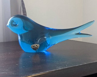 Blue Art Glass Bird, FM Konstglas Sweden, Sweet Paperweight, Windowsill Figurine, Curio Menagerie, Livingroom Piece, Gift to Self