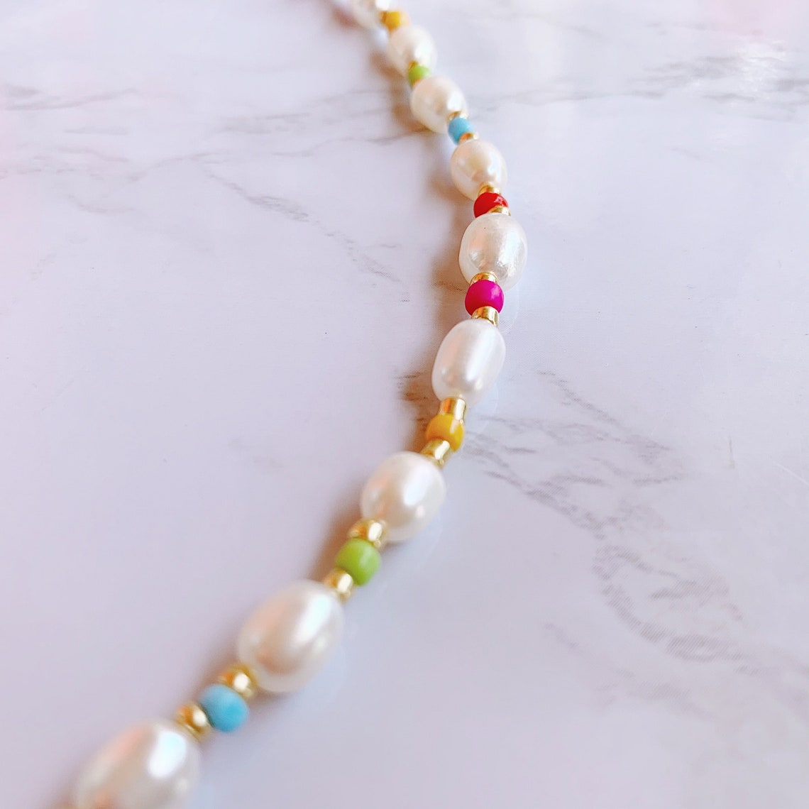 Freshwater pearl and seed bead necklace rainbow summer Etsy