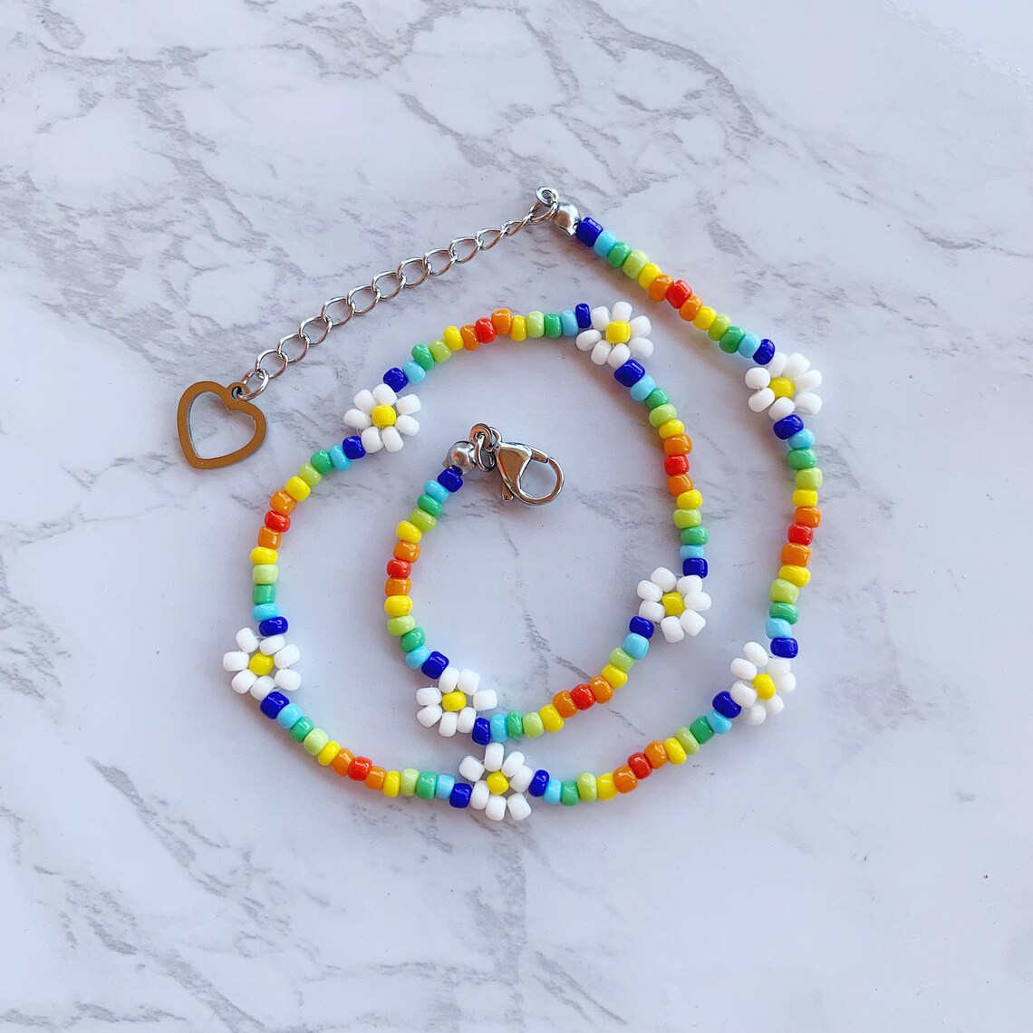 Seed bead daisy necklace rainbow summer colorful flower Etsy