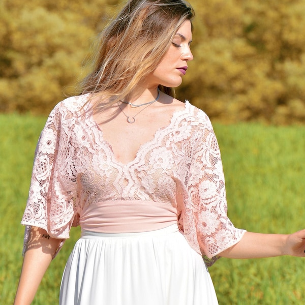 Lace top Pink crop top Bridal lace top Bride to be blouse Wedding top Lace blouse Bridesmaid top Short sleeve top Plus size top