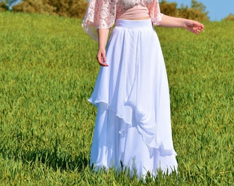 Witte chiffon rok Bruidsrok Bruiloft chiffon rok Vloerrok Hoge taille rok Flare rok Volledige lengte rok Maxi rok Plus size rok