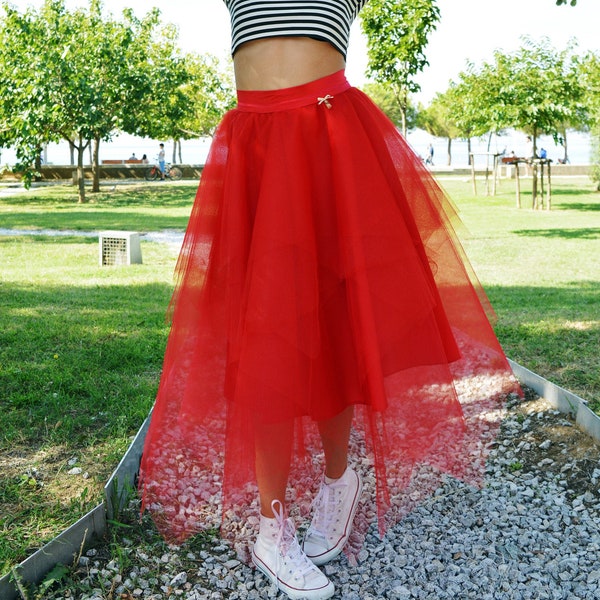 Red tulle skirt Asymmetrical skirt Bridesmaid skirt Women tulle skirt Tulle prom skirt Midi tutu skirt Plus size skirt Cocktail skirt Party
