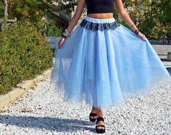 Light blue tulle skirt Bridesmaid skirt Midi skirt Wedding skirt Evening skirt Women tulle skirt Plus size skirt Full-length skirt Prom