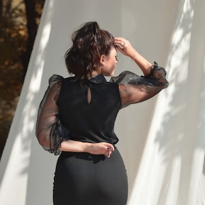 Black organza blouse Organza top Women blouse Special occasion blouse Evening blouse Gothic blouse Plus size top Party top Blouse with bow