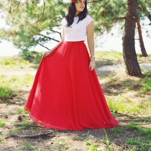 Red chiffon skirt Floor skirt Bridesmaid skirt Evening skirt Maternity skirt Plus size skirt Long maxi skirt Engagement skirt Party skirt
