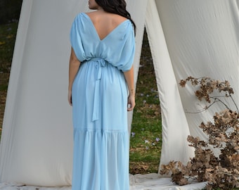 Boho dress Blue chiffon dress Bridesmaid dress Wedding dress Bridal chiffon dress Party dress Plus size dress Full length dress Flare dress