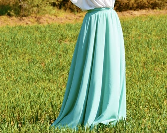 Blauwgroene chiffon rok Vloerrok Volledige lengte rok Flare rok Bruidsmeisjesrok Hoge taille rok Trouwrok Bruidsrokken Lang