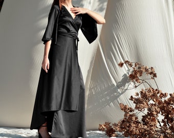 Black silk dress Plus size dress Maternity black dress Black wedding dress Assymetrical dress Wrap dress Long sleeve dress Evening dress