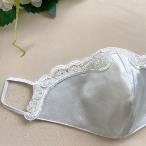 Ivory satin face mask Bridal and groom face mask Wedding face mask Lace face mask Reausable mask Protective mask Triple layered mask image 9