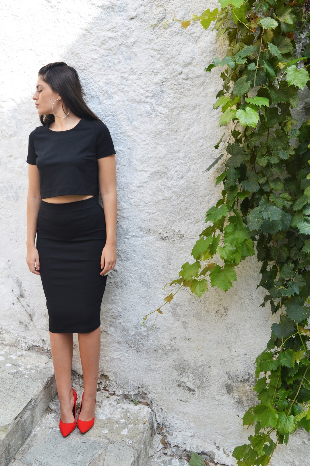 Total Black Set Black Crop Top Black Pencil Skirt Plus Size