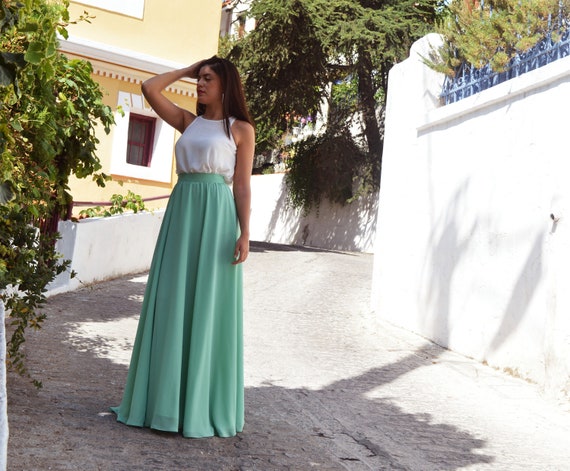 Blue green Chiffon Skirt Floor Skirt Full length Skirt Flare Skirt