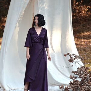 Black silk dress Plus size dress Maternity black dress Black wedding dress Assymetrical dress Wrap dress Long sleeve dress Evening dress Purple