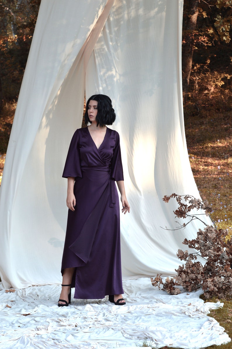 Black silk dress Plus size dress Maternity black dress Black wedding dress Assymetrical dress Wrap dress Long sleeve dress Evening dress Purple