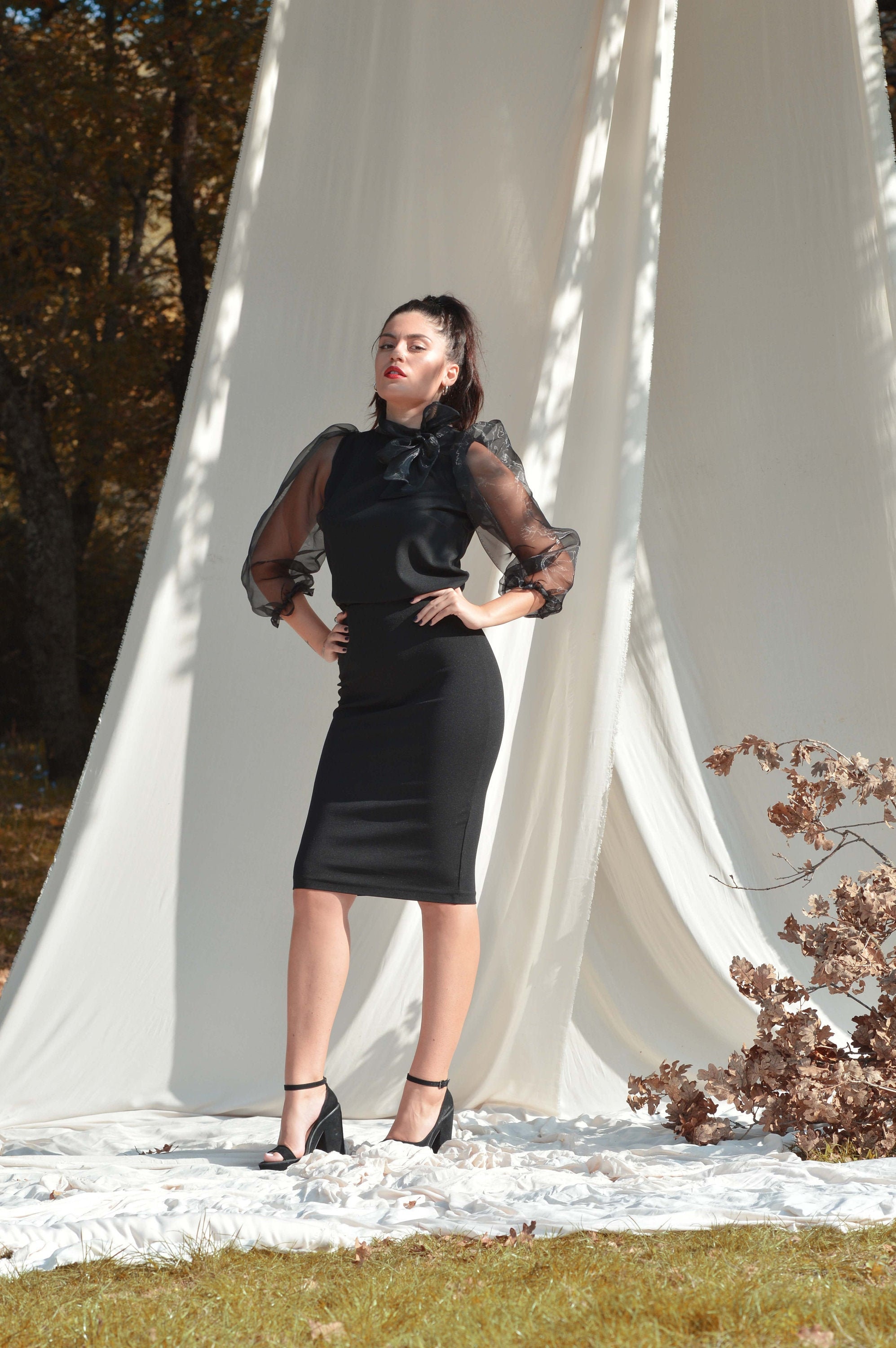 Black top & skirt set Organza top Pencil skirt Fitted skirt Bridal Gothic Elastic skirt Special occasion Gothic blouse Below the knee skirt