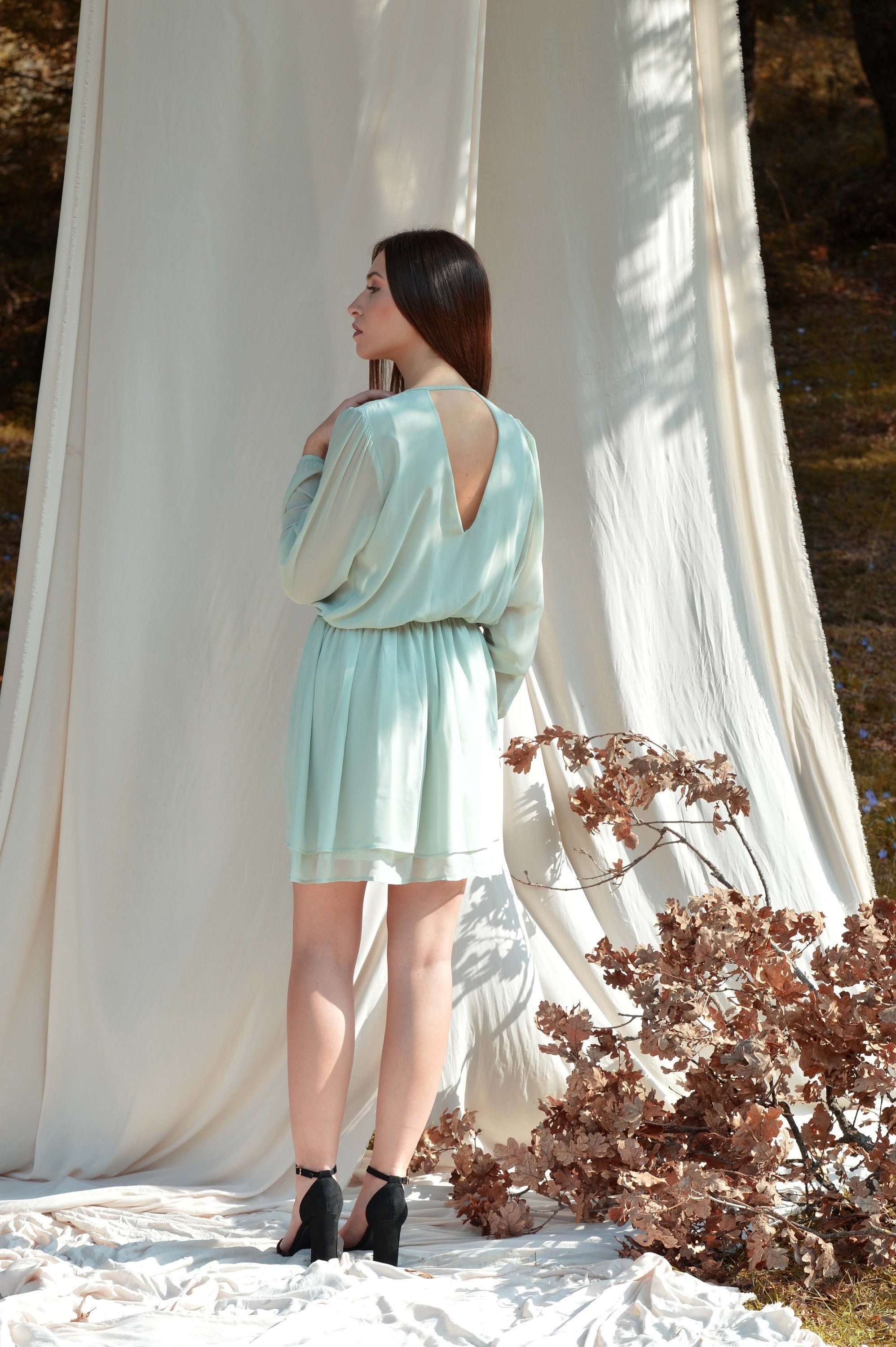 Pastel green dress Long sleeve dress Mini dress Evening dress Coctail dress Plus size dress Vintage dress Boho dress Bridesmaids dress