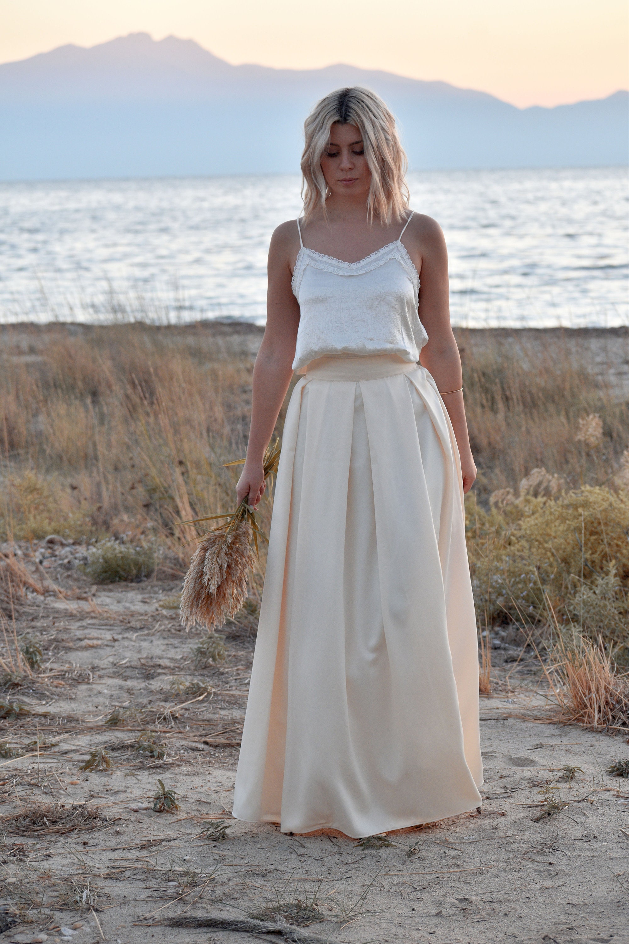Champagne Skirt Pleated Skirt Wedding Maxi Skirt Full Length Skirt ...