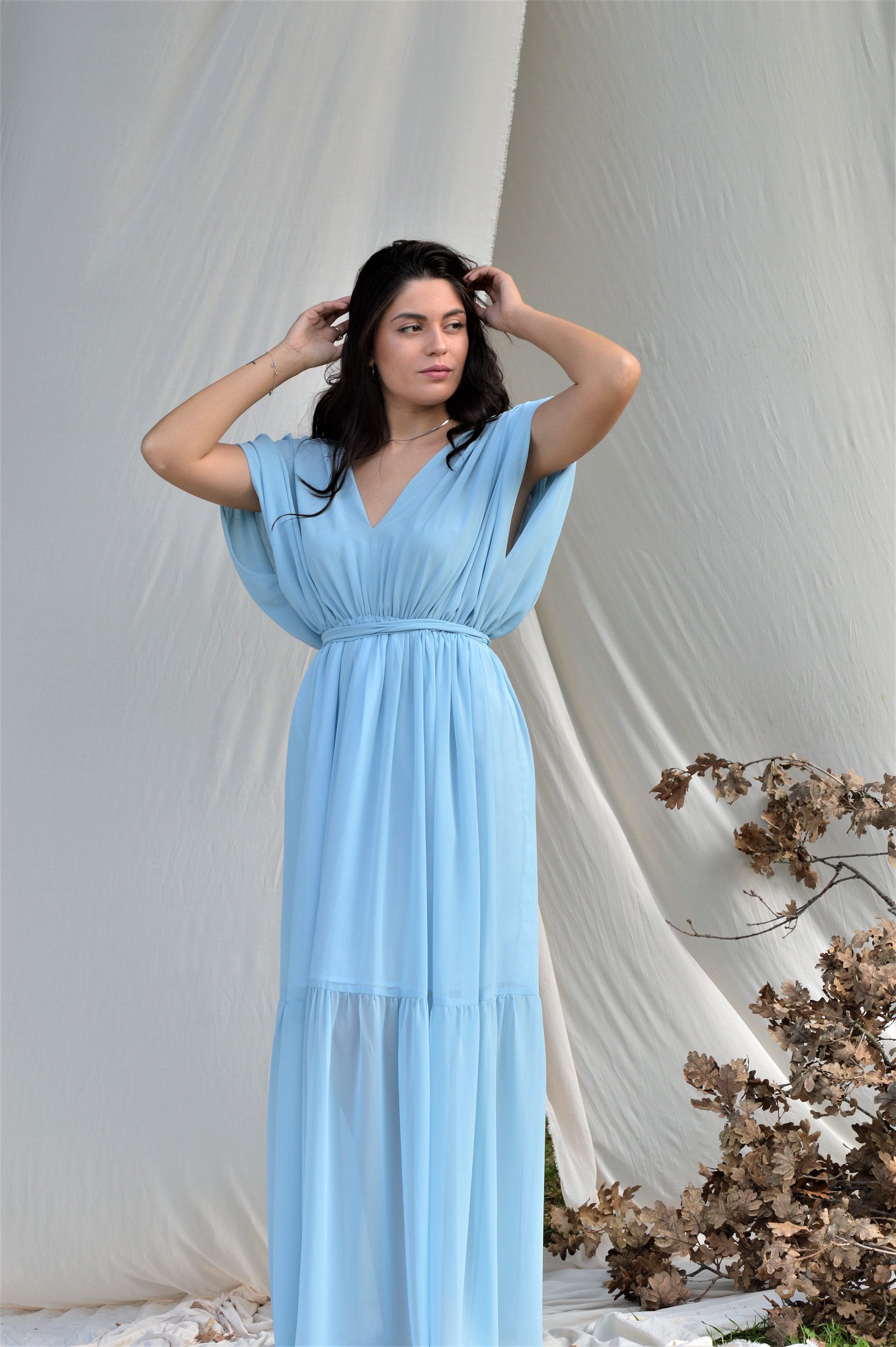 Boho dress Blue chiffon dress Bridesmaid dress Wedding dress Bridal chiffon dress Party dress Plus size dress Full length dress Flare dress