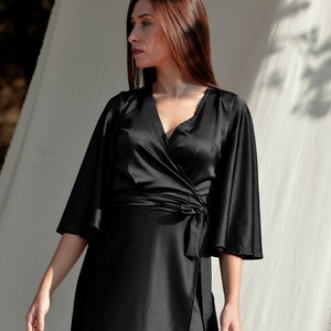 Black silk dress Plus size dress Maternity black dress Black wedding dress Assymetrical dress Wrap dress Long sleeve dress Evening dress image 2