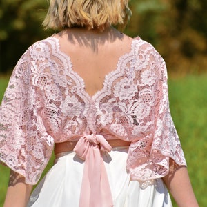Lace top Pink crop top Bridal lace top Bride to be blouse Wedding top Lace blouse Bridesmaid top Short sleeve top Plus size top