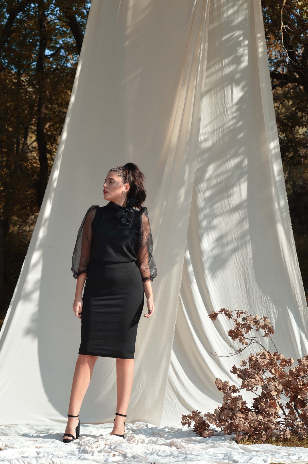 Women Black Rib Crop Top With Pencil Skirt
