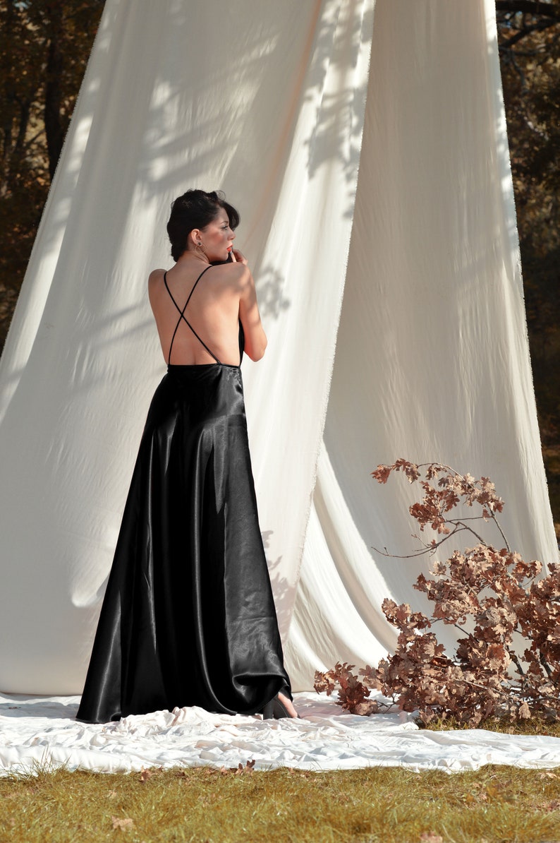 Satin black wedding dress Black bridal dress Maxi black dress Open back dress Sexy women dress Minimalist wedding dress Plus size dress image 4