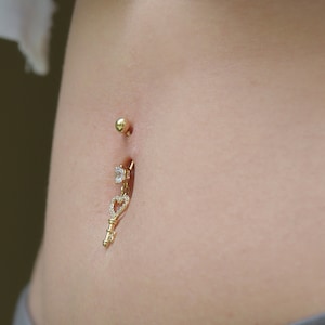 14K Solid Gold Belly Button Ring, Dangle Key Navel Piercing Ring, Real Gold Belly Piercing Jewelry, Gold Body gold jewelry gift for her,
