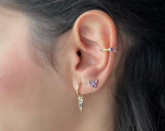 Amethyst Earrings, Dainty Earrings Set, Earrings Double Piercing Set, Purple Earrings Sterling Silver, Mini hoop earrings,  Birthday Gift