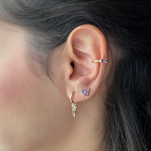 Orecchini in ametista, set di orecchini delicati, set di orecchini a doppio piercing, orecchini viola in argento sterling, mini orecchini a cerchio, regalo di compleanno