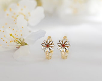 14K Gold Daisy Hoop Earrings: Enamel Flower Huggies, Daisy Hoops, Gift for her, Gold Jewelry Gift, Christmas Gift
