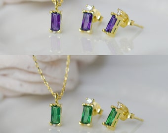 Emerald Green Jewelry Set, Amethyst Earrings Necklace Set, Mini Emerald Studs and Pendant Necklace, Summer Jewelry, Summer Gift, Minimalist