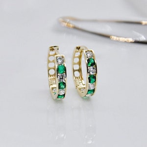 14K Emerald Hoop Earrings, 14k Gold May Birthstone Earrings, Dainty Emerald Hoops, 0.585 Solid Gold, Gift for mom, Mother's day gift