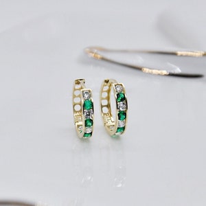 14K Gold Emerald Hoop Earrings, May Birthstone Jewelry, Dainty Gold Huggies, 0.585 Solid Gold, Minimalist Green Gemstone Hoops, Gift for Mom