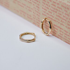 14K Solid Gold Bamboo Hoop Earrings, Small Flat Hexagon Hoops, Minimalist Geometric Earrings, Real Gold Hoops Gift for Her, Christmas Gift
