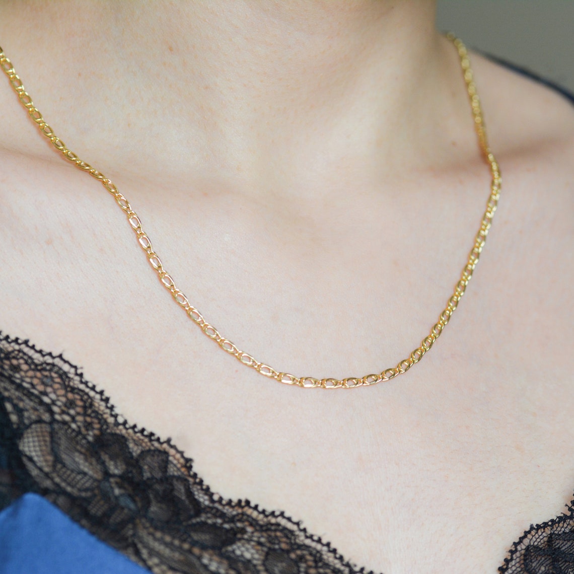 Solid Gold Thin Flat Chain Necklace Unisex Chain Necklace 585 Etsy